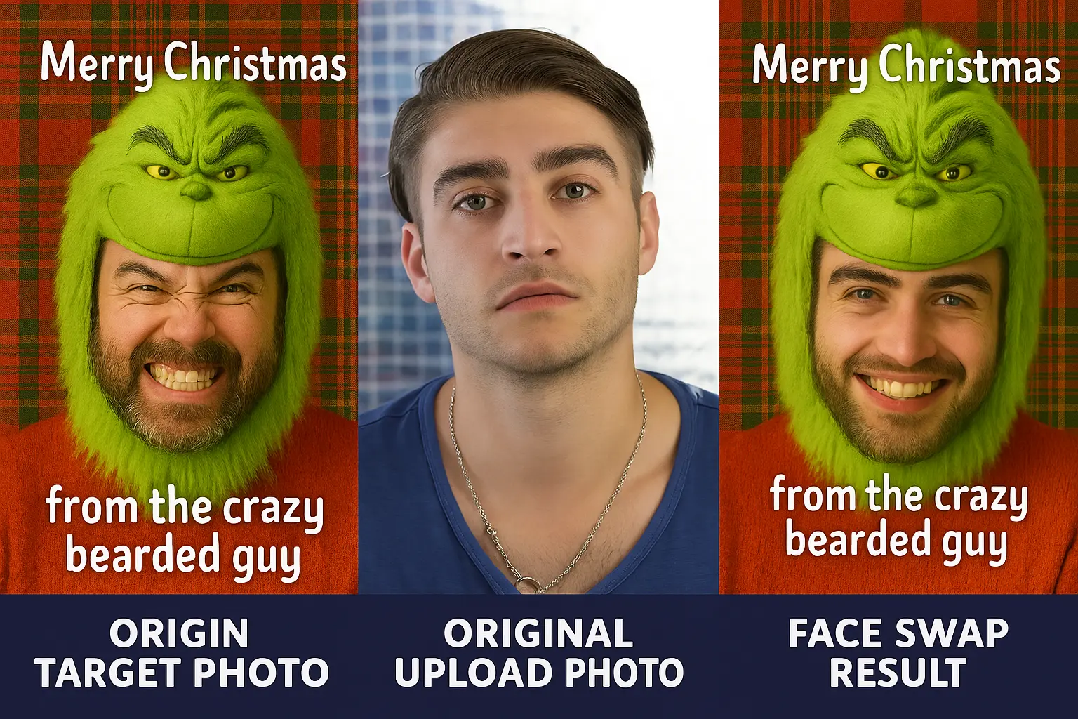 Christmas face swap before and after - Grinch theme holiday template result
